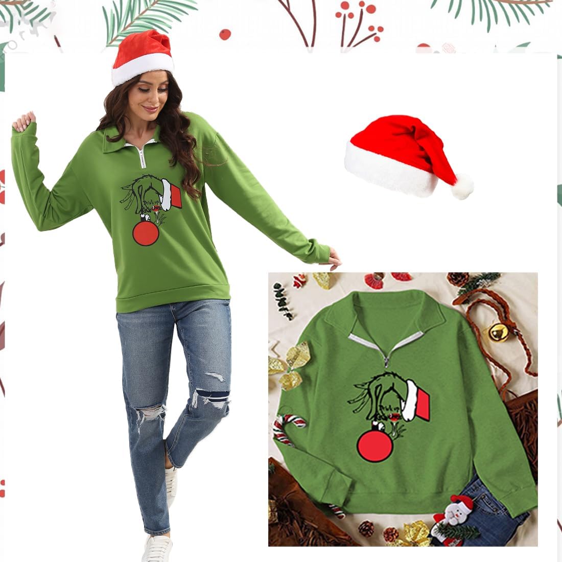 New Pullover Ugly Christmas Sweaters Cartoon Character Green Monster Print Unisex Sweatshirt with Christmas Hat - Image 7