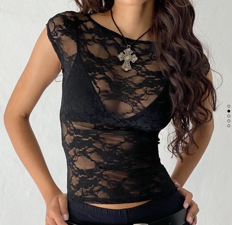 Women's Sheer Lace Tops Sexy Cap Sleeve Scoop Neck Black See Through Slim Fit T-Shirts Going Out Blouses Streetwear - Image 2