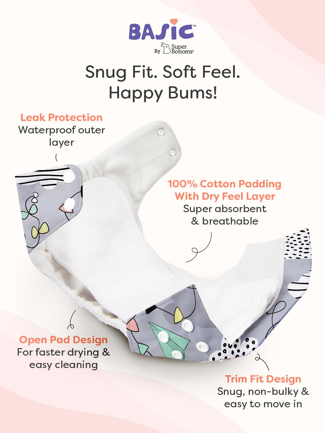 Superbottoms Basic Leakage-proof advanced cloth diapers for babies, High Absorbent 100% cotton 5 reusable diaper and 5 insert pad Combo Pack washable cloth diaper 3M -3Years Adjustable, Reduces Rash - Image 3 thumbnail