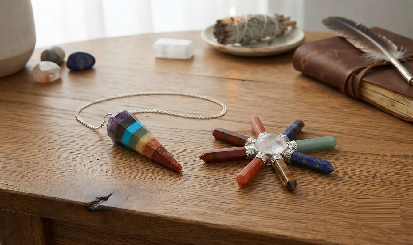 KULIA Péndulo de siete chakras con generador de pirámide, piedra preciosa natural