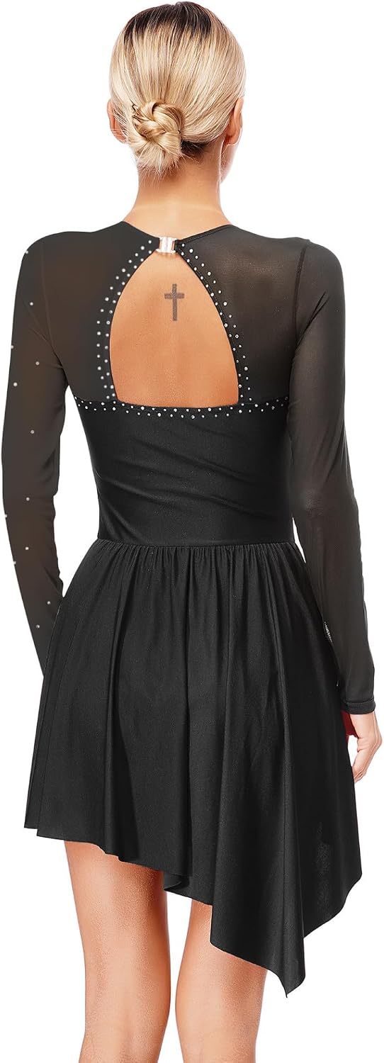 Vxuxlje Women's Lyrical Dance Dress Figure Skating Performance Costume Backless Irregular Hem Dress