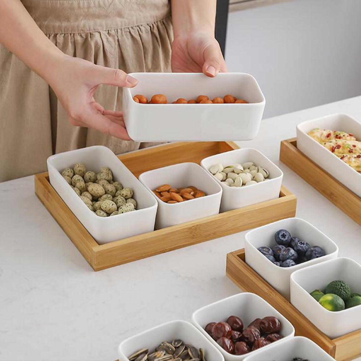 ABOOFAN Bandeja de Cerámica Dividida para Aperitivos Compartimentos, Fácil de Limpiar y Portátil, Adecuado para Servir Snacks en Casa