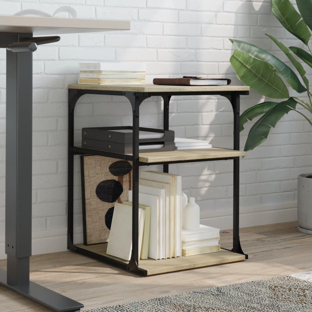 Tavolo per stampante con ruote, vassoio per stampante stabile, 3 ripiani, rovere Sonoma, 43 x 48 x 64 cm, in legno con telaio in acciaio, supporto per stampante mobile da ufficio con 4 ruote