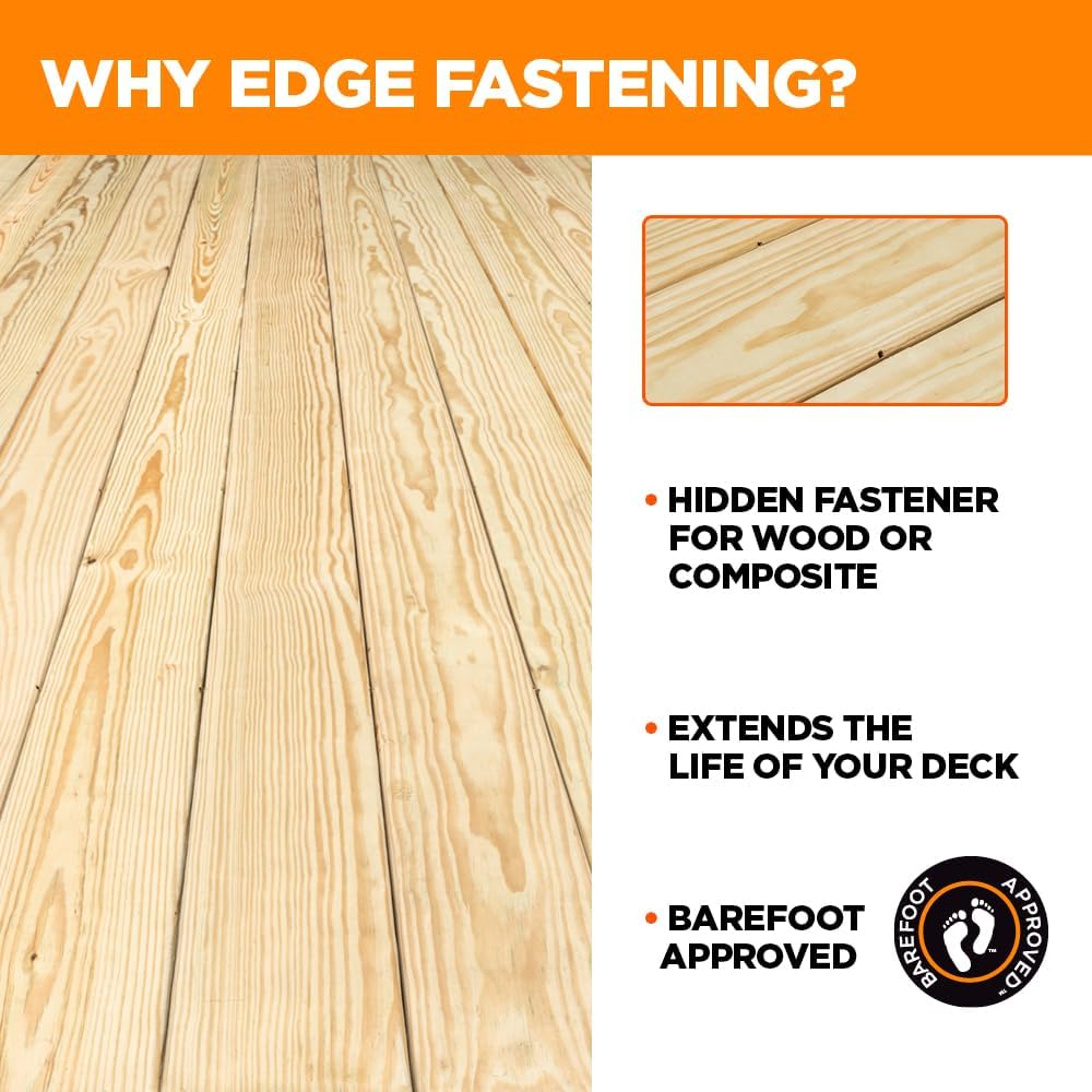 A person using the CAMO Marksman Pro-X1 tool to fasten a deck board, with a drill driving a screw.