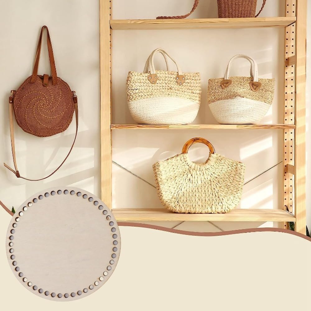 MOPFOL 2Pcs 5.5 Inch Round Shape Wooden Woven Base with Pre-Drilled Holes DIY Crochet Bag Bottom for Handcraft Baskets