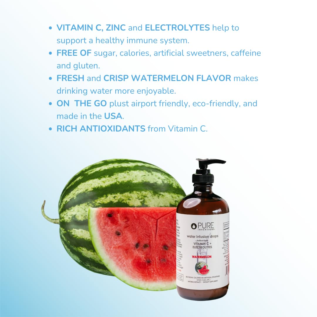 Pure Inventions - Water Enhancer Drops – Delicious, Refreshing Sugar-Free Electrolyte Drops, Antioxidant Vitamin C Support, Zero Calories, No Artificial Sweeteners, Watermelon 500 Servings