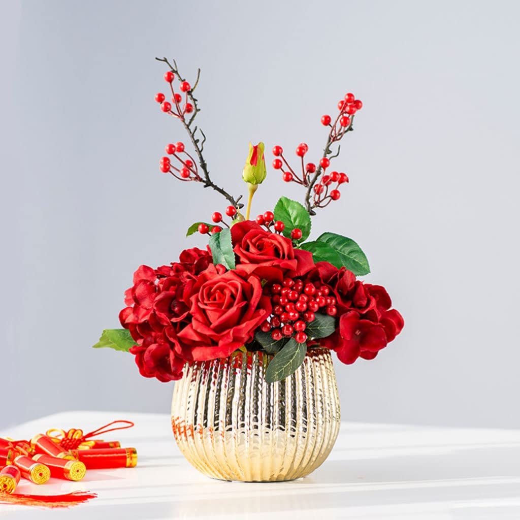 Fiori Artificiali Fiori Finti Fiore artificiale rosa con vaso in ceramica Berry Christmas Flower Set di fiori Fai da te Decorazione della casa for ufficio del giardino di nozze Artificiali Bouquet Ar