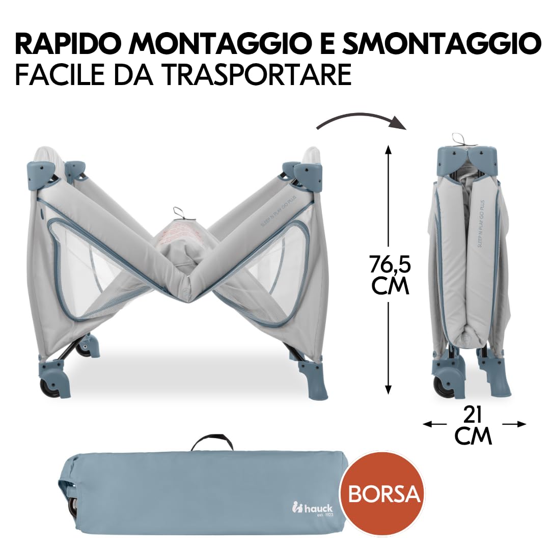 hauck Sleep N Play Go Plus Set Lettino da Viaggio con Materasso, Dusty Blue | Culla e box pieghevole con materasso, zanzariera e borsa I Facile da trasportare, ideale per vacanze e visite