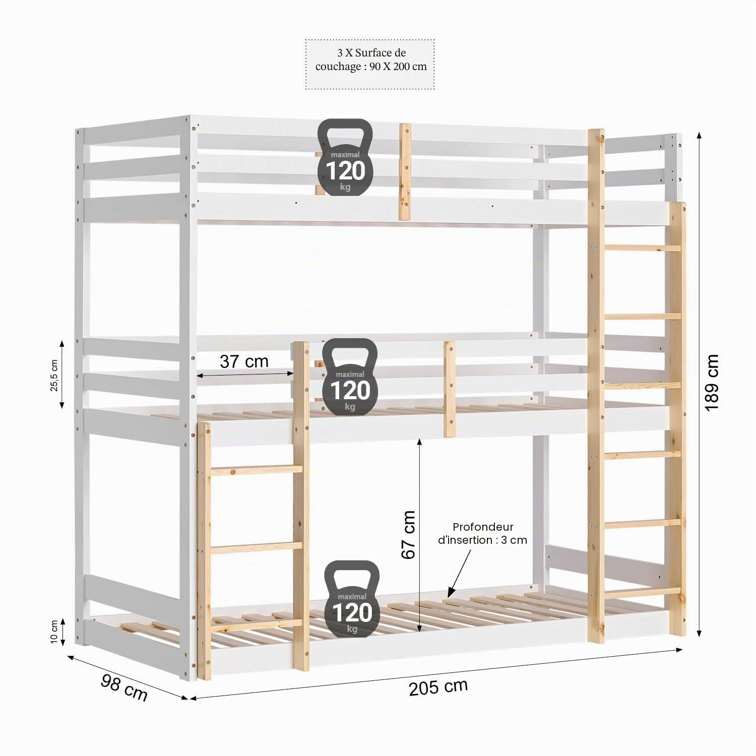 Homestyle4u Lit superposé pour 3 Enfants Lit Mezzanine 90x200 avec escalier, sommier à Lattes, Bois Blanc, Finition Naturelle | Article 2589