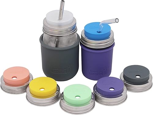 Miniatura 3 de Mason Jar Lifestyle - Paquete de 2 vasos de silicona ultra violeta con boca regular y tapas de fermentación con bandas de acero inoxidable