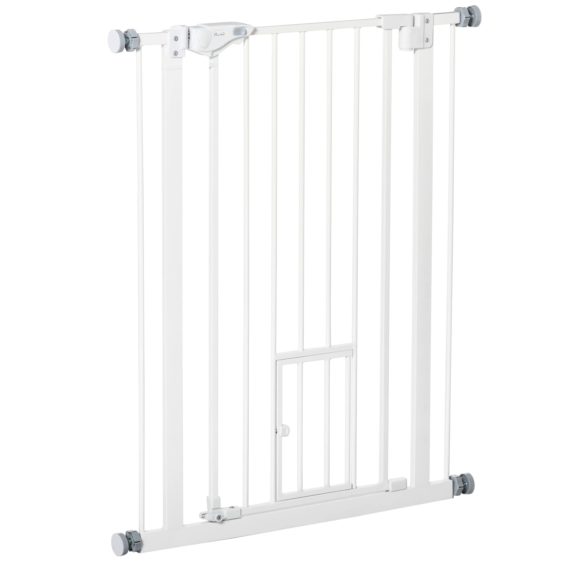 PawHut Barrera de Seguridad de Perros Mascotas 74-80 cm para Escaleras Puertas y Pasillo con Puerta para Gatos Cierre Automático y Sistema de Doble Bloqueo Altura 91,4 cm Blanco