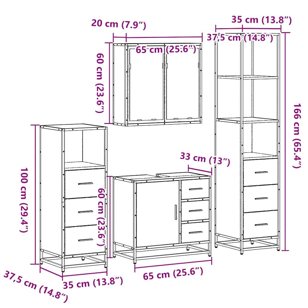 4-teiliges Badmoebel Set Raeuchereiche Holzwerkstoff mit Spiegelschrank, Waschtisch Unterschrank, Hochschrank und Haengeschrank Fuer Stauraum, Ordnung im Badezimmer