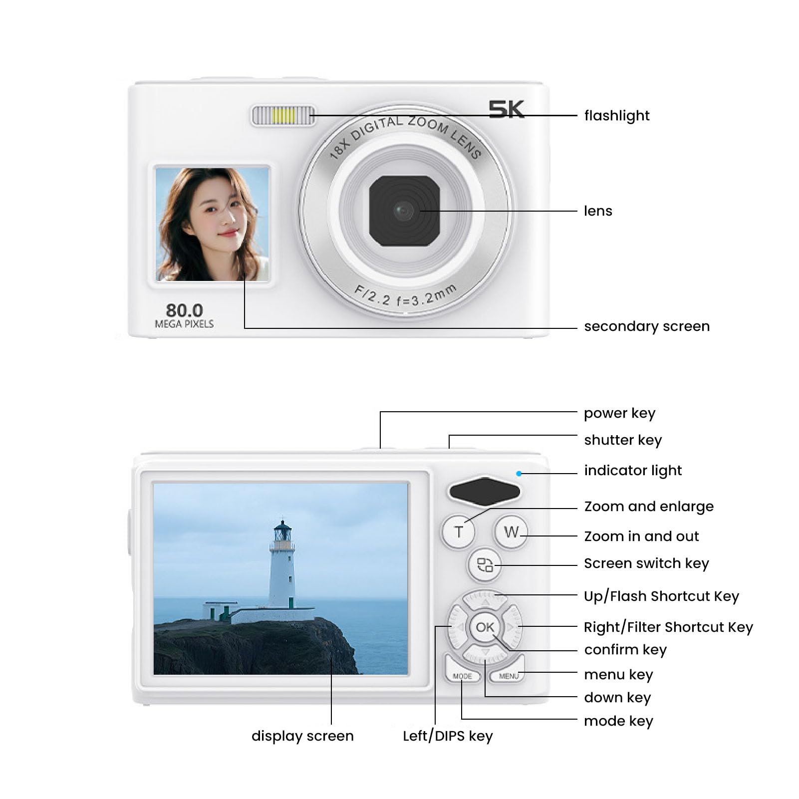 BuyWeek Cámara Digital 80MP 5K Cámara Selfie de Pantalla Dual con Zoom 18X AF Enfoque automático Filtros Creativos y Belleza para fotografía