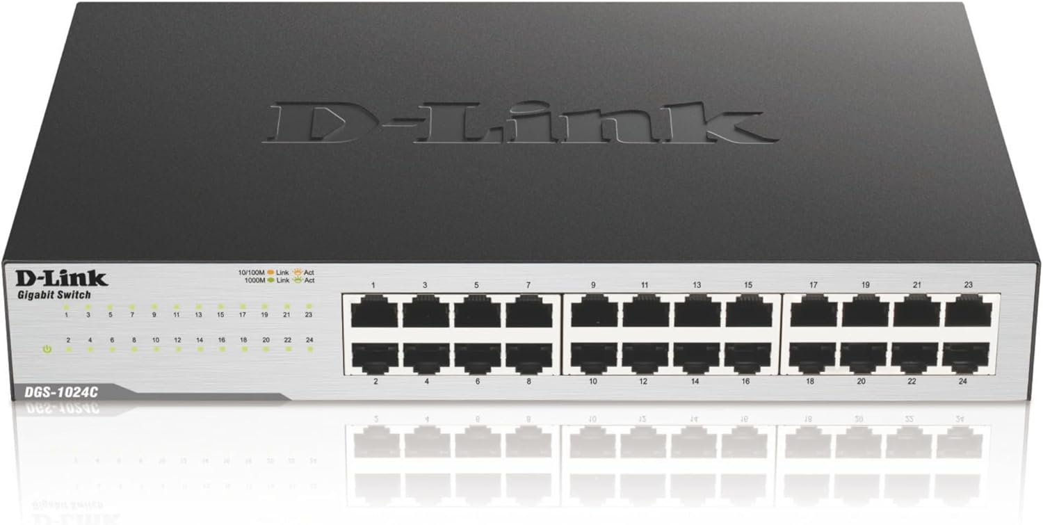 D-Link Ethernet Switch, 24 Port Gigabit Unmanaged Network Internet Hub Desktop Rackmount, Plug N Play (DGS-1024C),Black