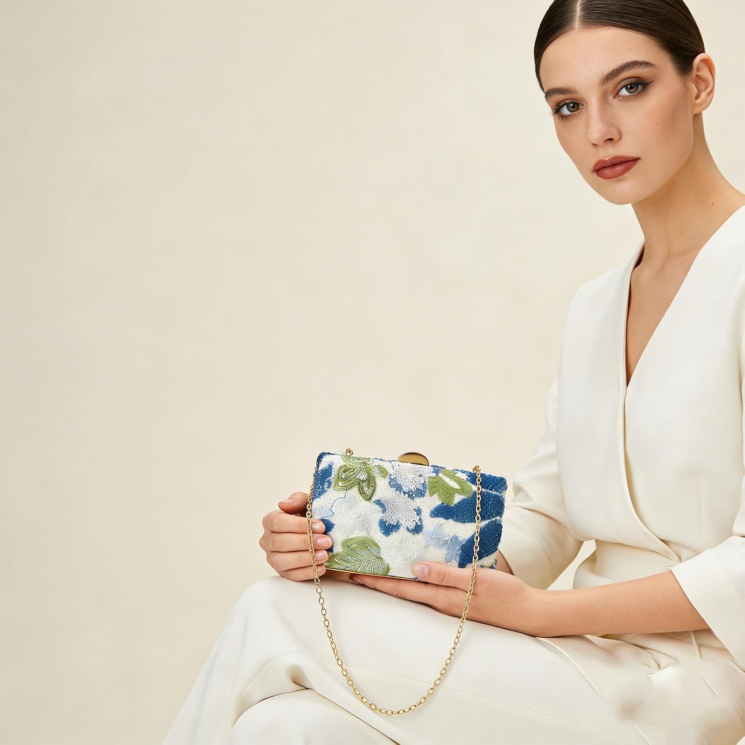 Sequin Clutch Purse for Women,Sequin Floral Embroidery Evening Beaded Clutch Bags,Mini Crossbody Purses Wedding Party Bag