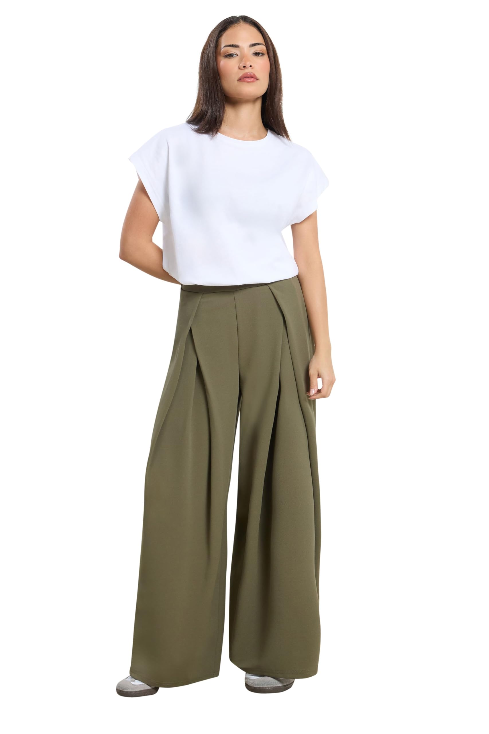 Pixiegirl Women's Khaki Petite Green Wrap Pleated Wide Leg Trousers Petite