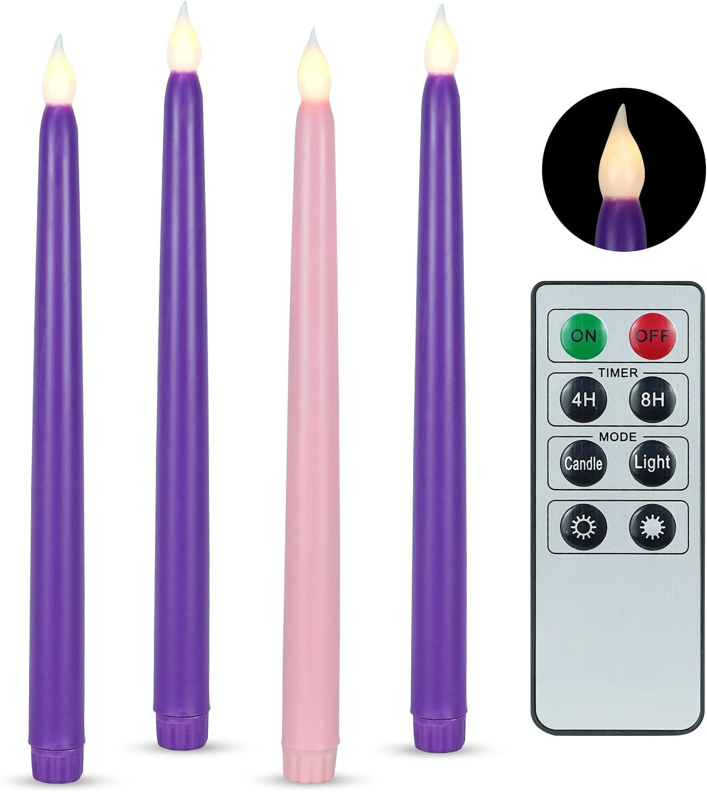 Flameless Advent Candles,Real Wax Battery Operated Electric LED Taper Candles with Remote Timer, Set of 4 Purple & Pink Flickering Taper Candles for Wreath Thanksgiving Christmas Outdoor Centerpieces