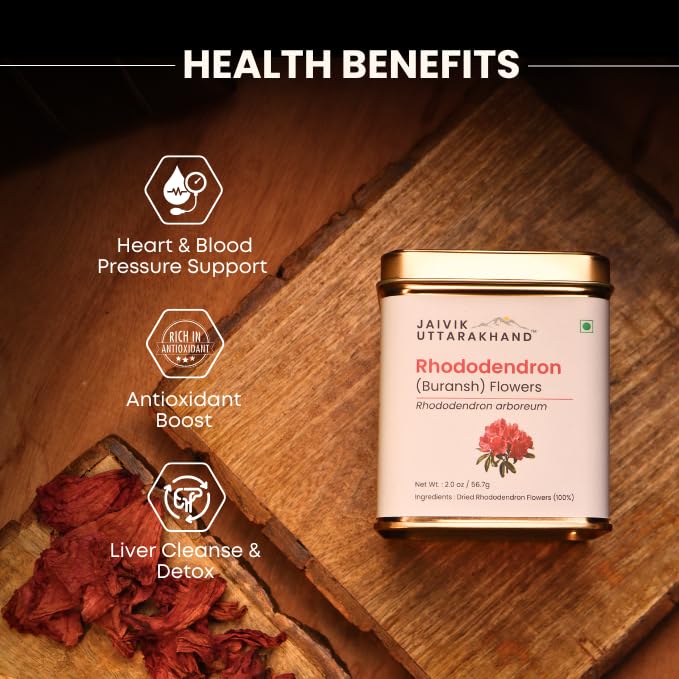 Image of Jaivik Uttarakhand - Buransh Petals Tea (226.8 g), Caffeine-Free, Rich in Antioxidant, Immunity Booster, Nourishes skin, Pack of 4 Tin Box