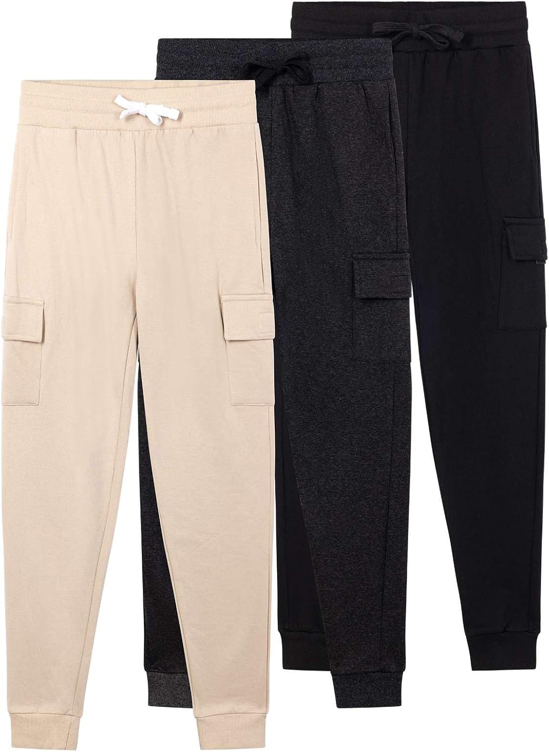 Real Essentials 3 Pack: Boys Fleece Cargo Jogger Sweatpants Athletic Workout Kids Pocket and Drawstring Size 4-18