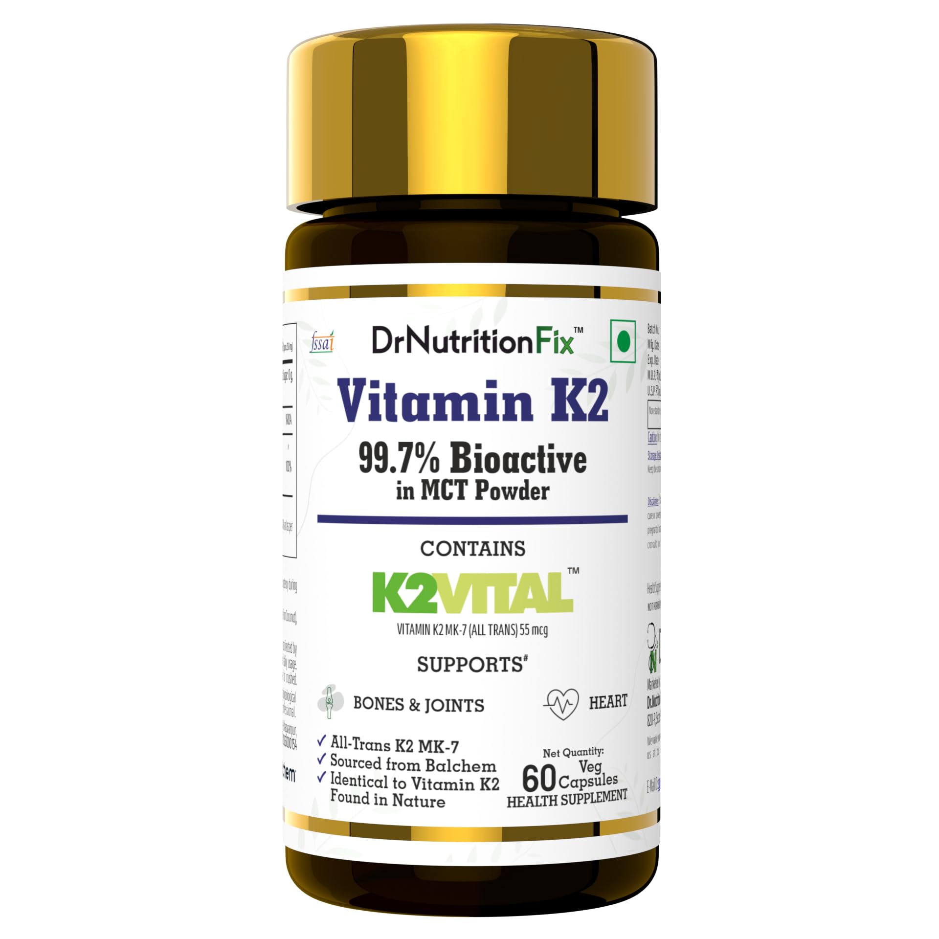 Vitamin K2 Vital® Delta from Balchem Europe (99+% All-Trans MK7 Active Form) | Natural K2 form Plant Origin | Clean Label | Healthy Bone & Heart | First time in India | 60 Servings