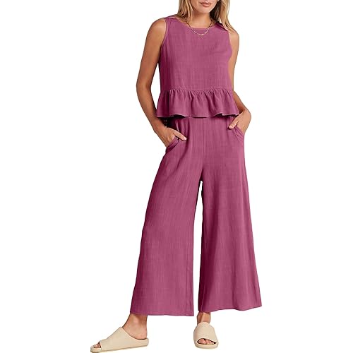 ANRABESS Women Summer 2 Piece Outfits Sleeveless Tank Crop Top Wide Leg Pants Linen Jumpsuits Lounge Matching Beach Sets
