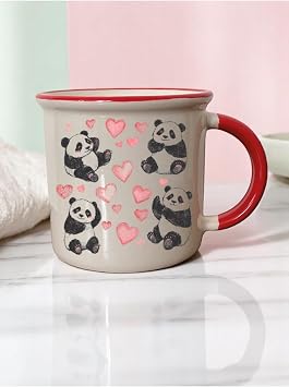 Kalpli Panda Baskılı 3'lü Ağzı Kırmızı Seramik Kupa Bardak Kahve Bardağı Bej, LH8749t63092531412323