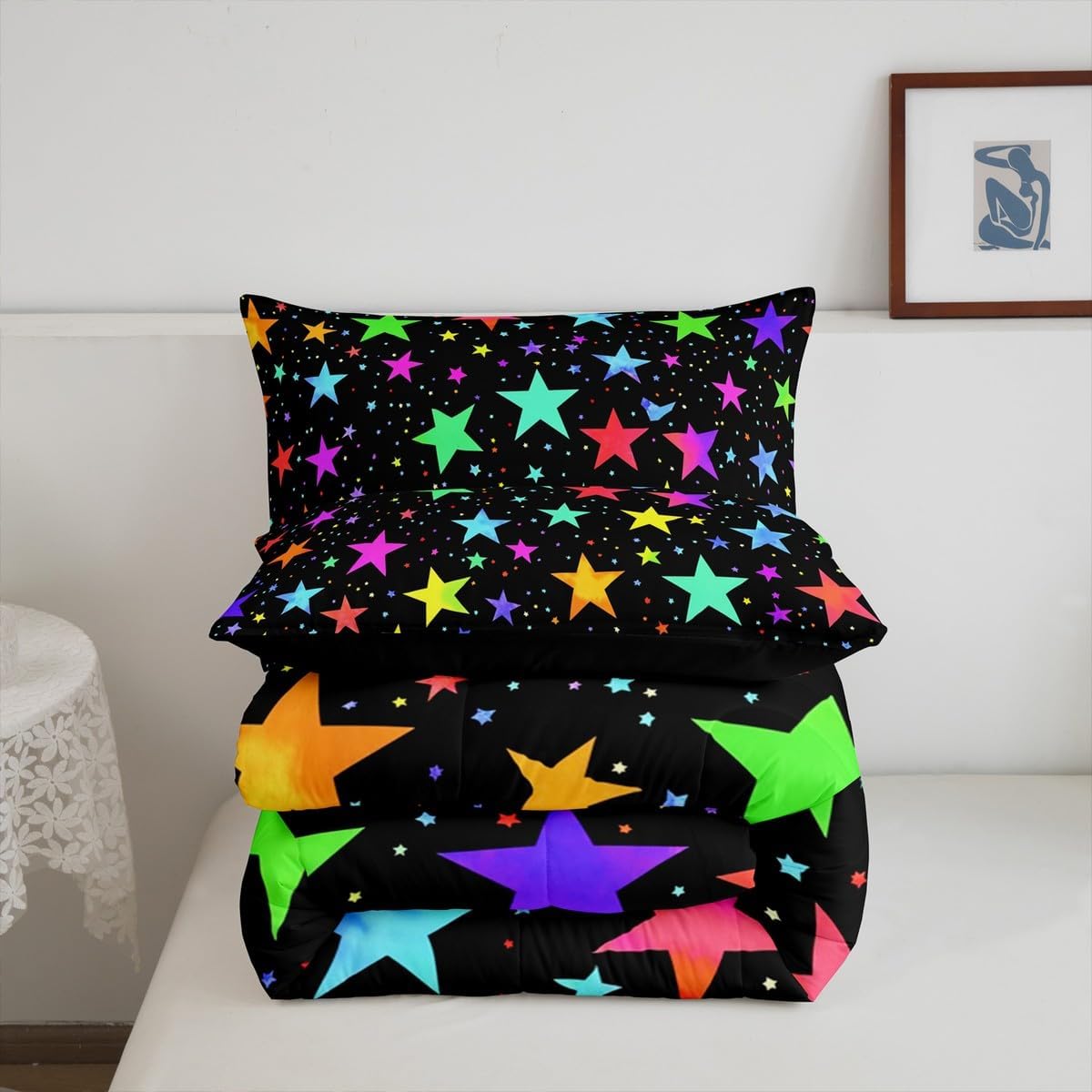 Erosebridal Kawaii Glitter Stars Bedding Sets Queen Rainbow Glowing Star Bedding Comforter Sets Psychedelic Space Cosmos Duvet Colorful Neon Light Star Quilt Comforter Girls Cute Bedding 3pcs Cozy