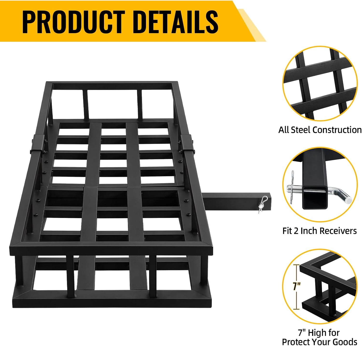 500Lbs Heavy Duty Hitch Mount Cargo Carrier 60" Folding Rear Luggage Rack Basket Fits 2" Receiver for Car SUV Camping Traveling