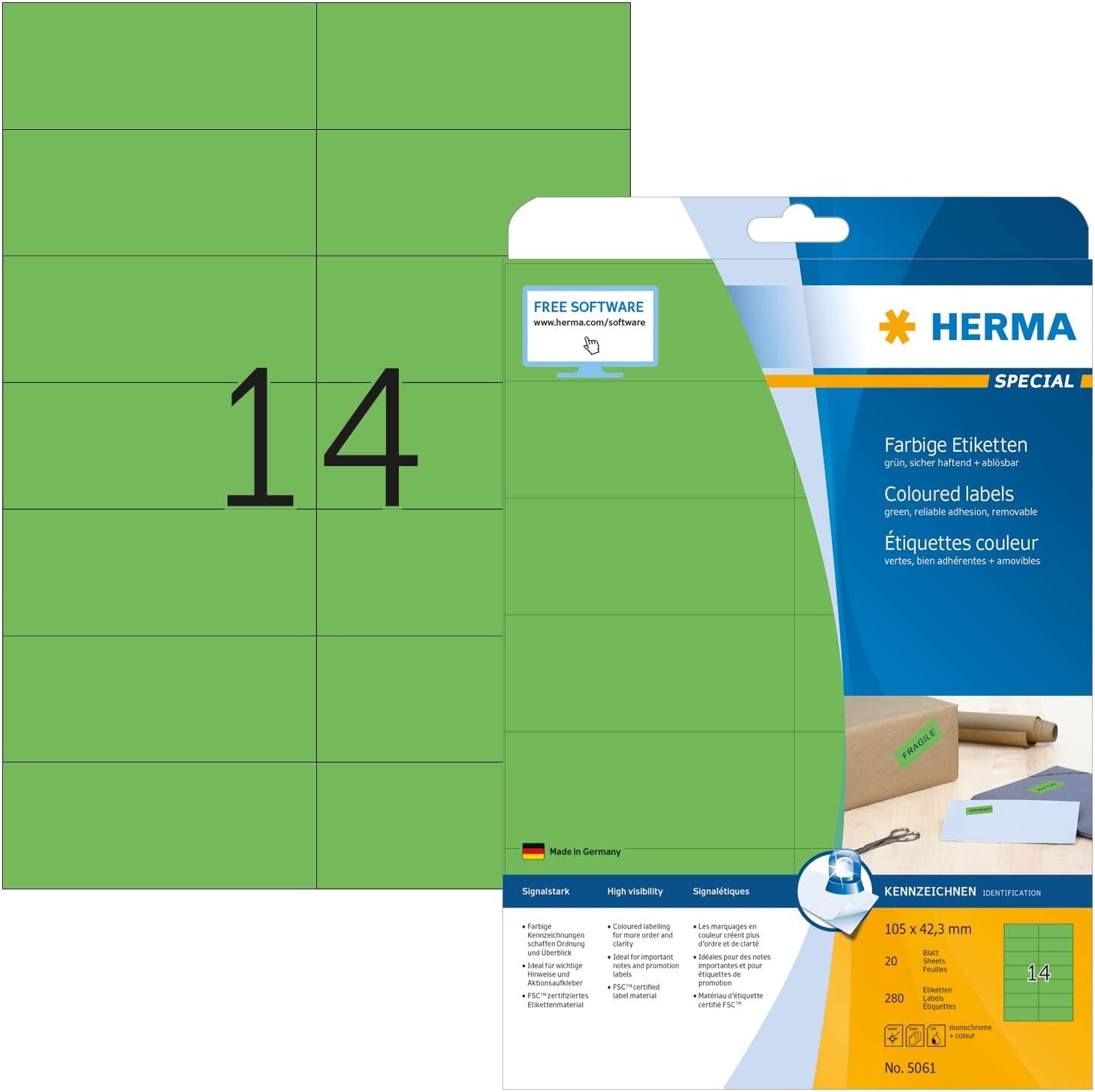 HERMA 5061 Self Adhesive Coloured Labels, 14 Labels per A4 Sheet, 20 Sheets, 105 x