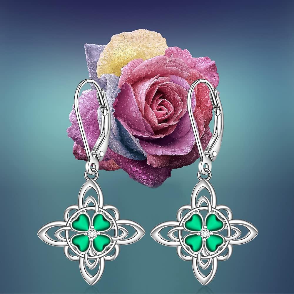 St Patricks Day Shamrock Earrings for Women-925 Sterling Silver-Irish Four Leaf Clover Earrings Celtic Lucky Green Shamrock Jewelry