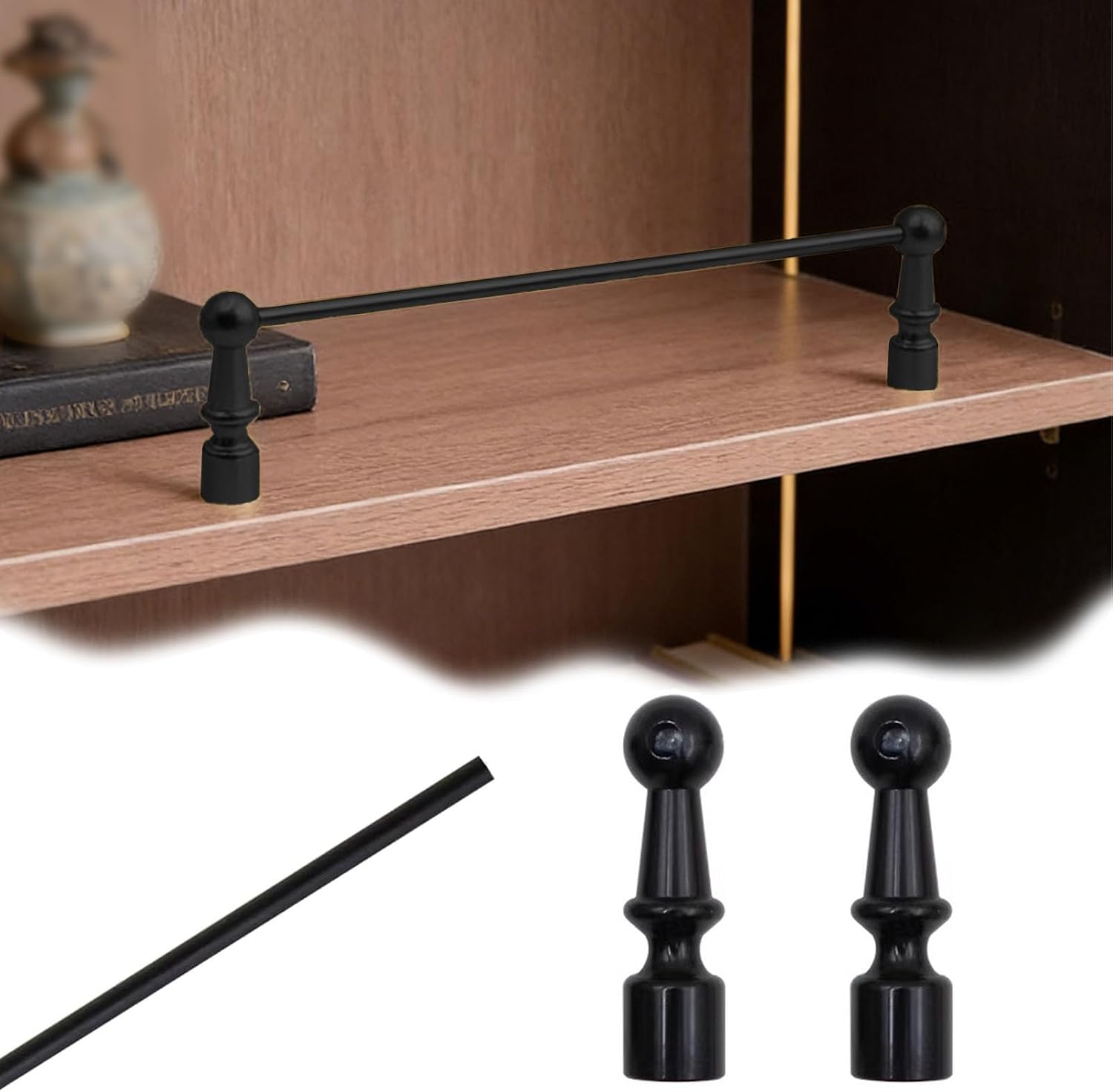 Vibeo Long Shelf Guard Rail for Cabinet Fence, Aluminum Tipping Gallery Rails Set with 2 Spindles, 8 12 18 20 24 32 36 in Decorative Guard Railing Bar(Black,36in/91cm)