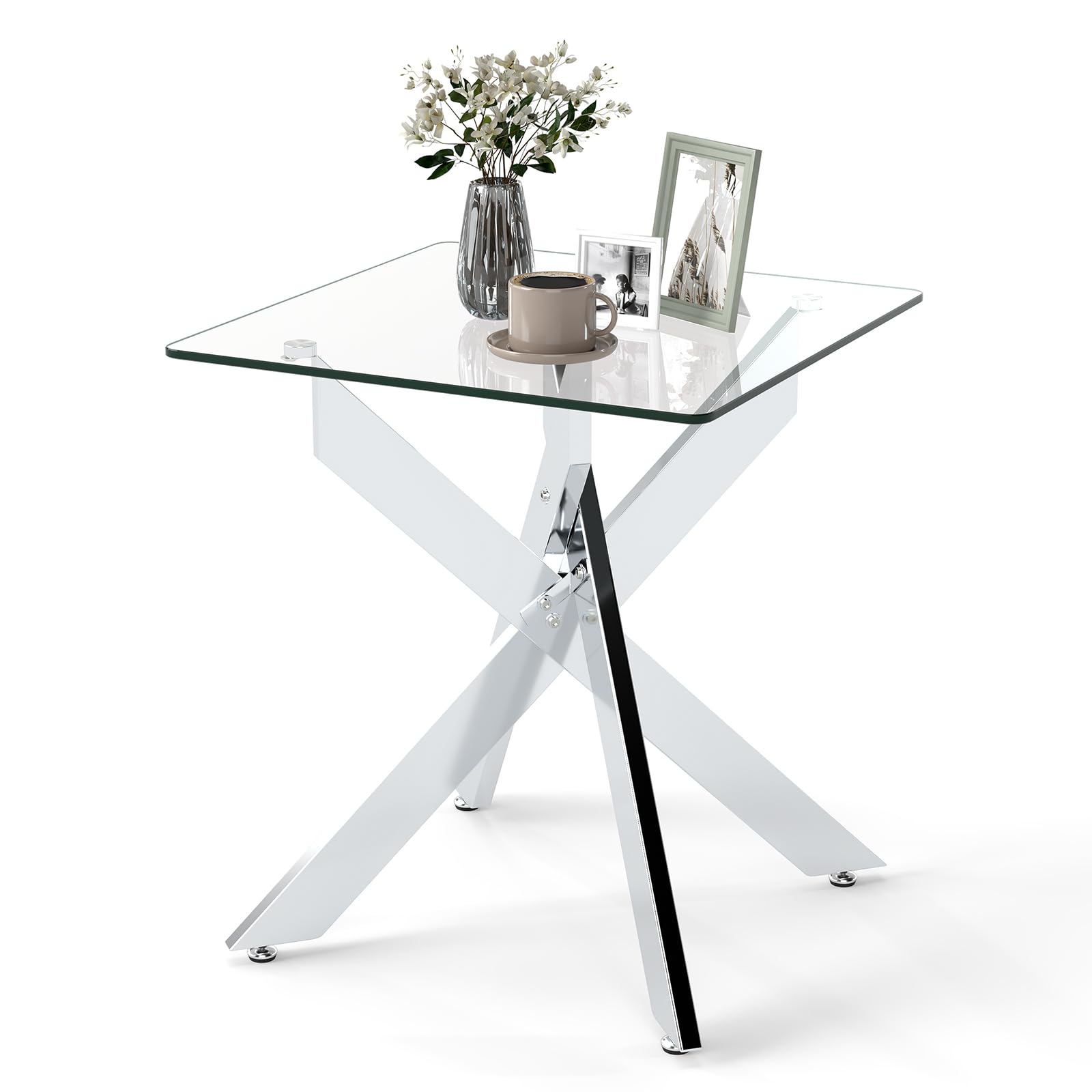 COSTWAY Tempered Glass Side Table, Square Sofa End Table Nightstand with Metal Tubular Legs, Modern High Gloss Coffee Tea Bedside Tables for Small Spaces, Living Room, Bedroom, 50x50x57cm, Silver