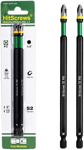 6" Long Phillips Head Bits #2, Ball-Notch Locking Anti-Wobble Screwdriver Bits,360° Laser Etched CNC Tip & Taiwan S2 Steel Magnetic 2 Phillips Bit,Impact Zone for Roofers & Carpentry | 2 Pack