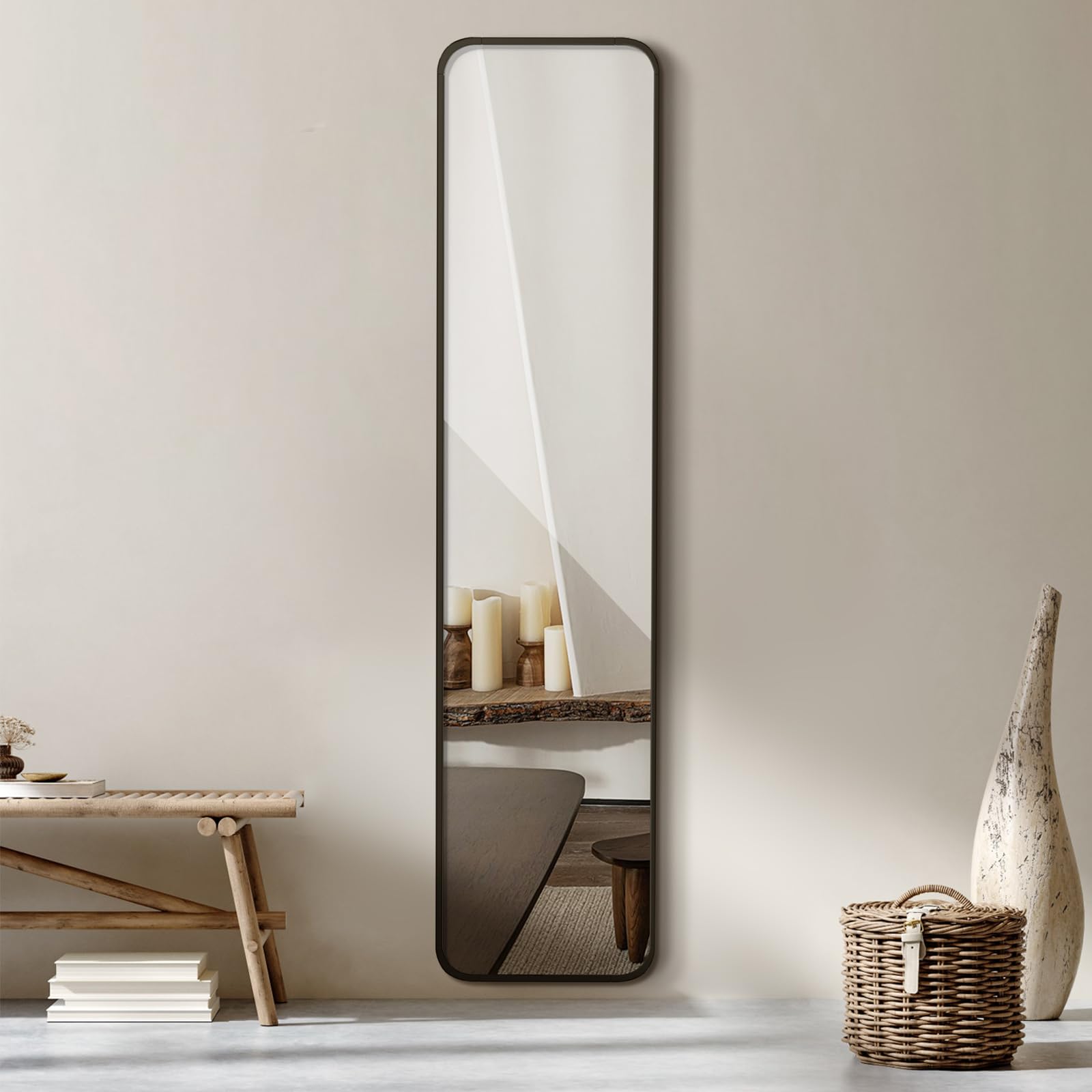 Warmiehomy Full Length Wall Mounted Mirror,28x118cm Full Body Mirror, Black Long Metal Framed Mirror for Living Room or Dressing Bedroom