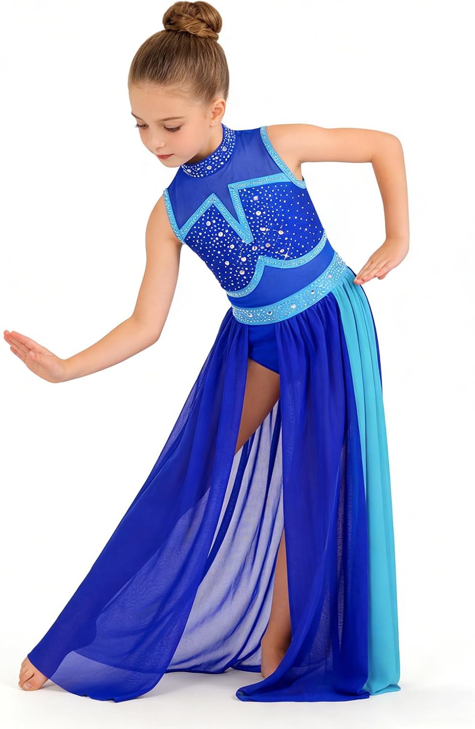 XUNZOO Lyrical Dance Long Dress for Girls Ballroom Dancewear Shiny Embellishment Competition Gown