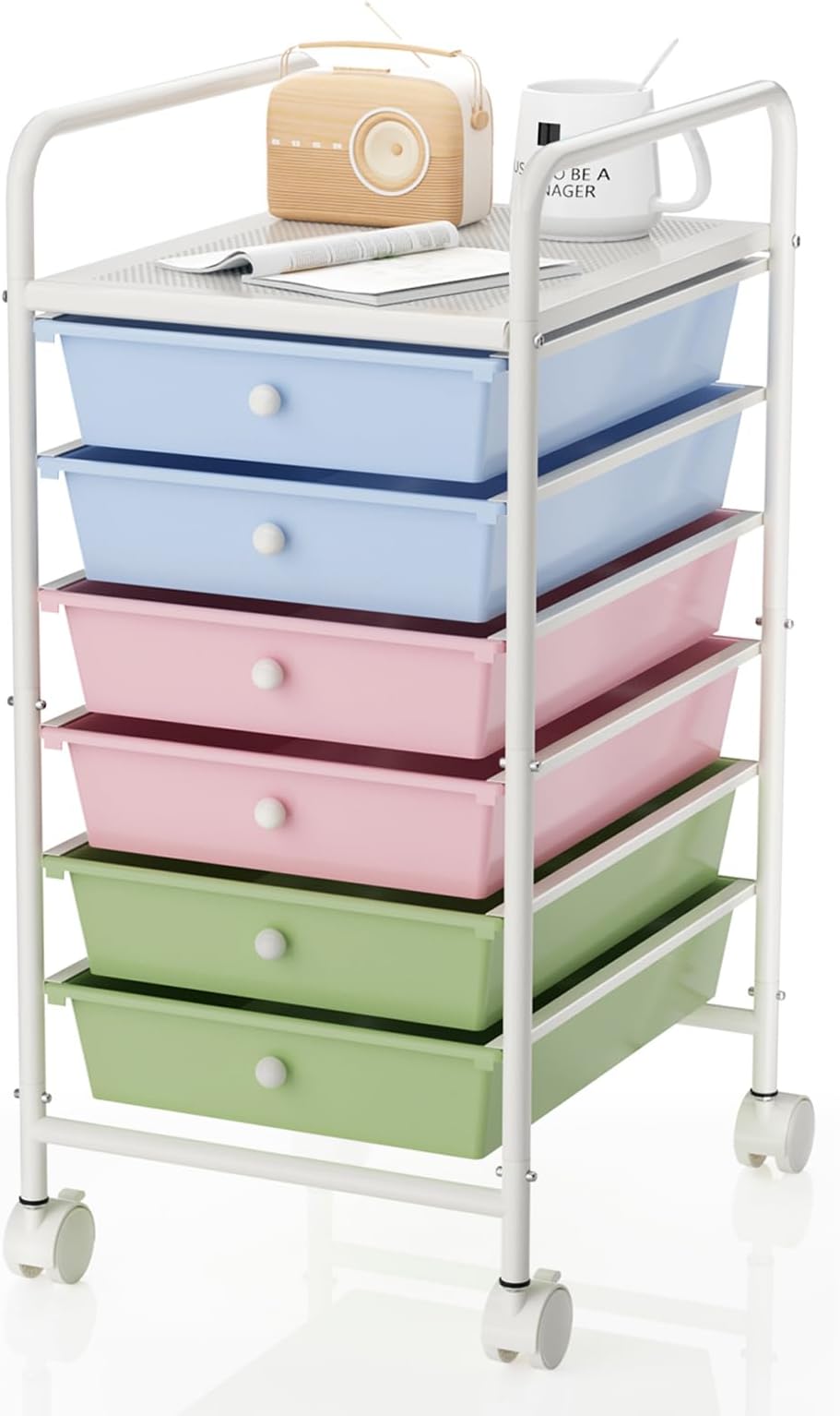 6 Drawers Plastic Storage Cart, Multipurpose Mobile Organizer Shelving Unit with Lockable Wheels,Utility Rolling Cart Storage Trolley for Home Office Stationery Makeup Beauty & Salon,Multicolor