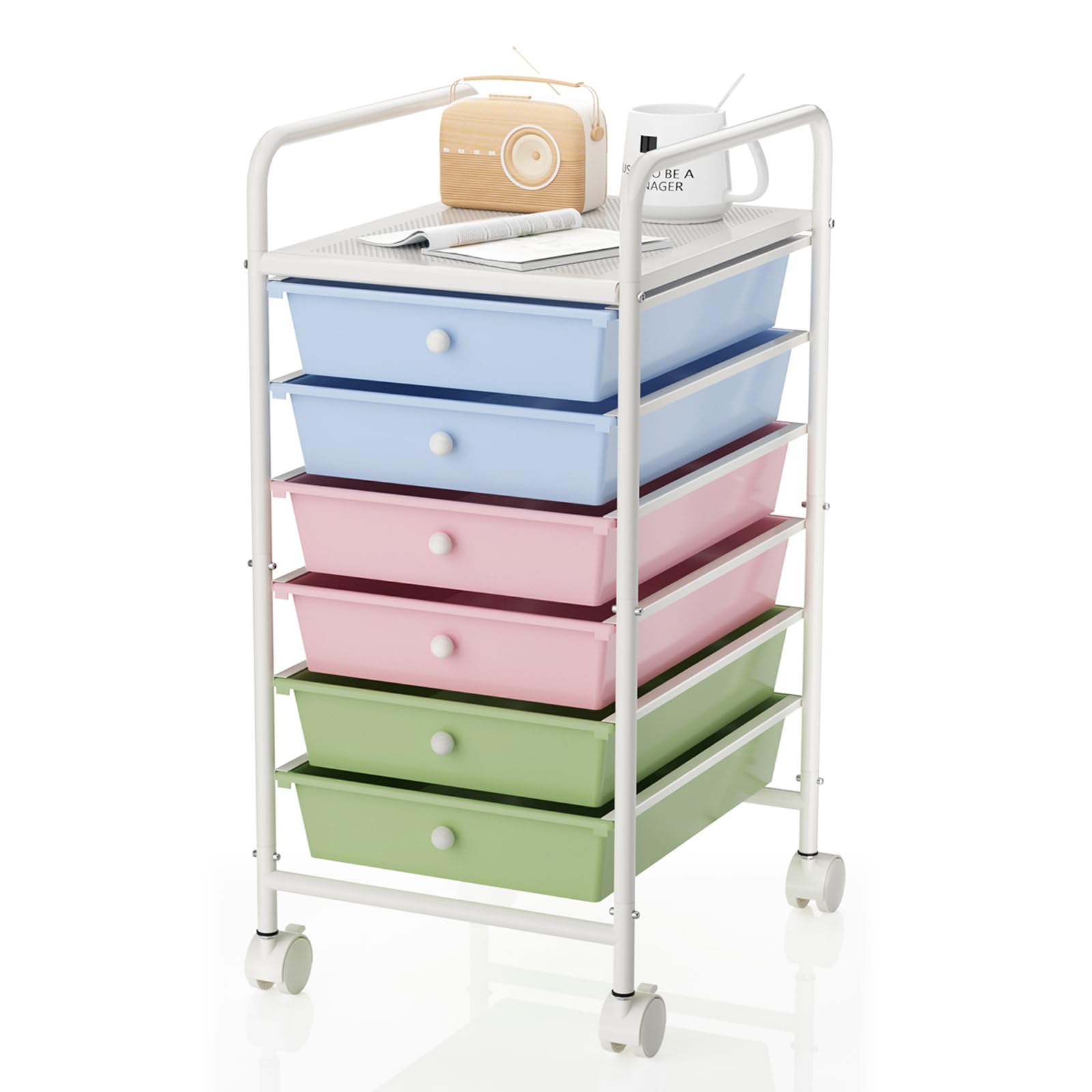 Johgee 6 Drawers Plastic Storage Cart, Multipurpose Mobile Organizer Shelving Unit with Lockable Wheels,Utility Rolling Cart Storage Trolley for Home Office Stationery Makeup Beauty & Salon,Multicolor