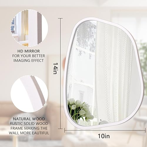 Miniatura 7 de Espejo de baño irregular blanco, moderno espejo de pared ovalado, espejo de pared asimétrico con marco de madera, forma única, montaje en pared,