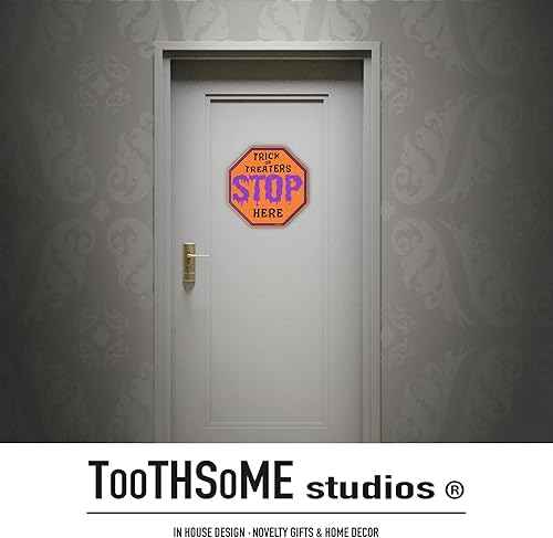 Miniatura 5 de Trick Or Treaters Stop Here - Tema de Halloween de 12 x 12 pulgadas, letrero de alto espeluznante para bar, sala de juegos, hogar, cueva de hombre,