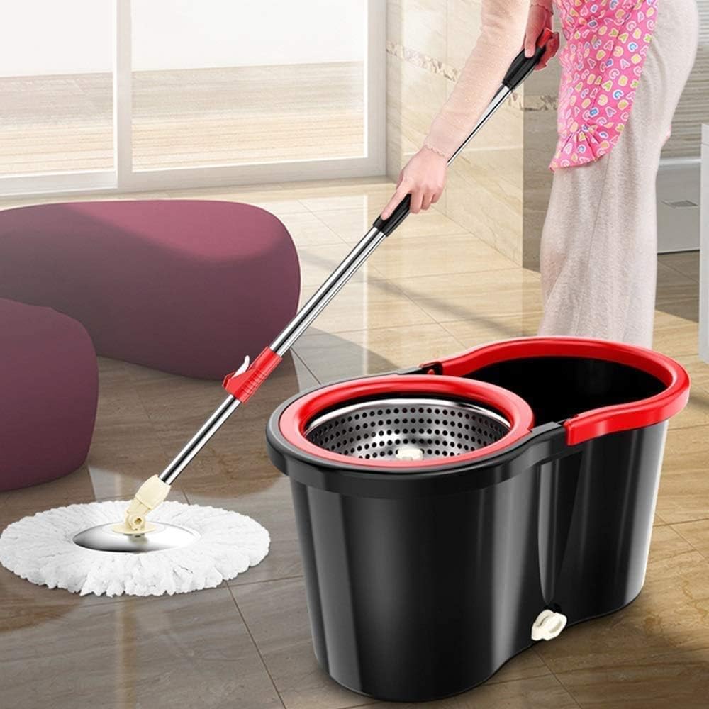 Spin Mop Stainless Steel 360 with Bucket, Automatic Rotary Floor Cleaning System,1 Extra Microfiber Mop Heads Easy Press Handle Mop, Spin Mop, Spinning Mop and Bucket Black 45x25x22cm(18x10x9inch)