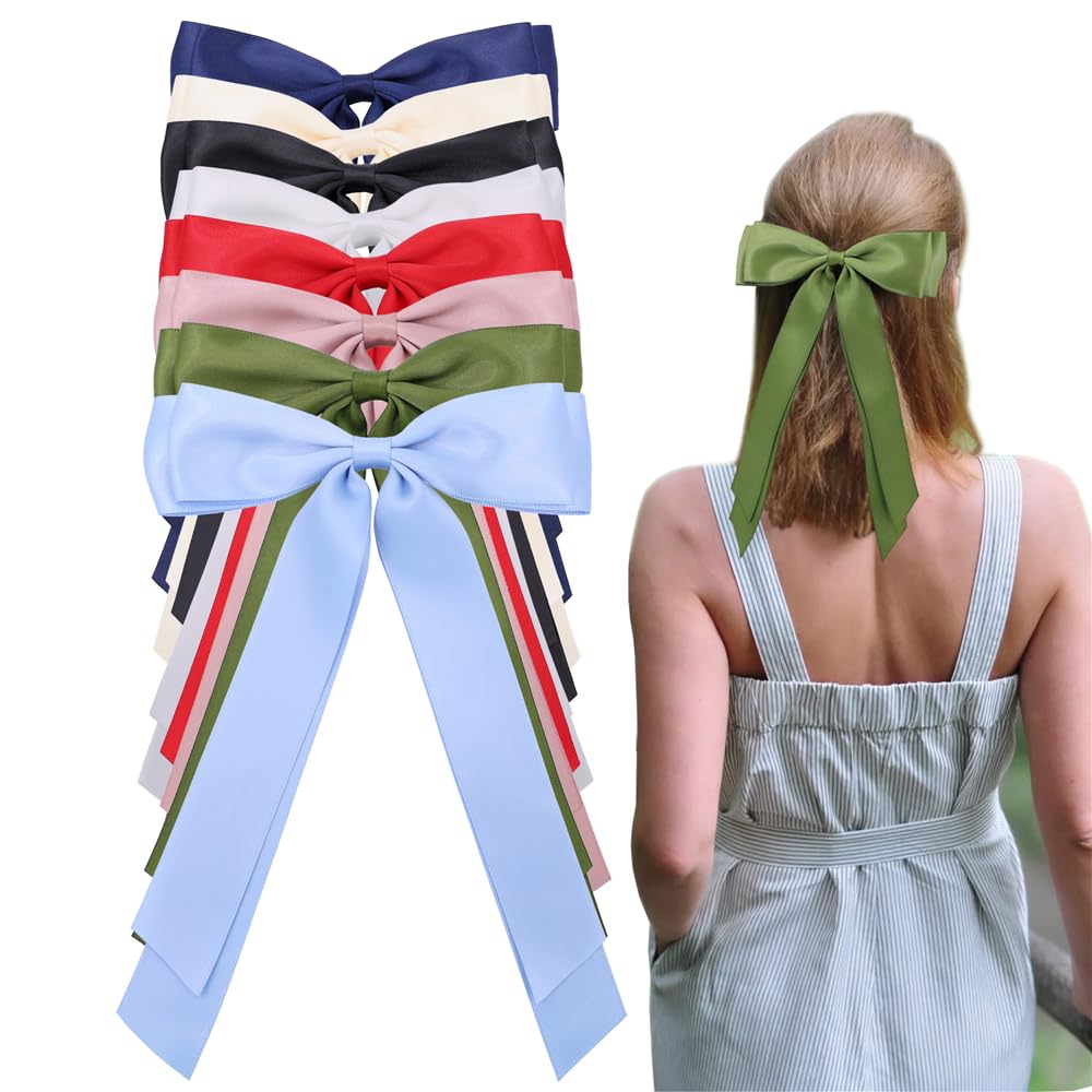 Pack of 8 Double-layer Satin Ribbon Hair Bow Clips for Women Girls Ponytail Long Tassels Hair Barrettes Accessories (8 PCS Multicolors)