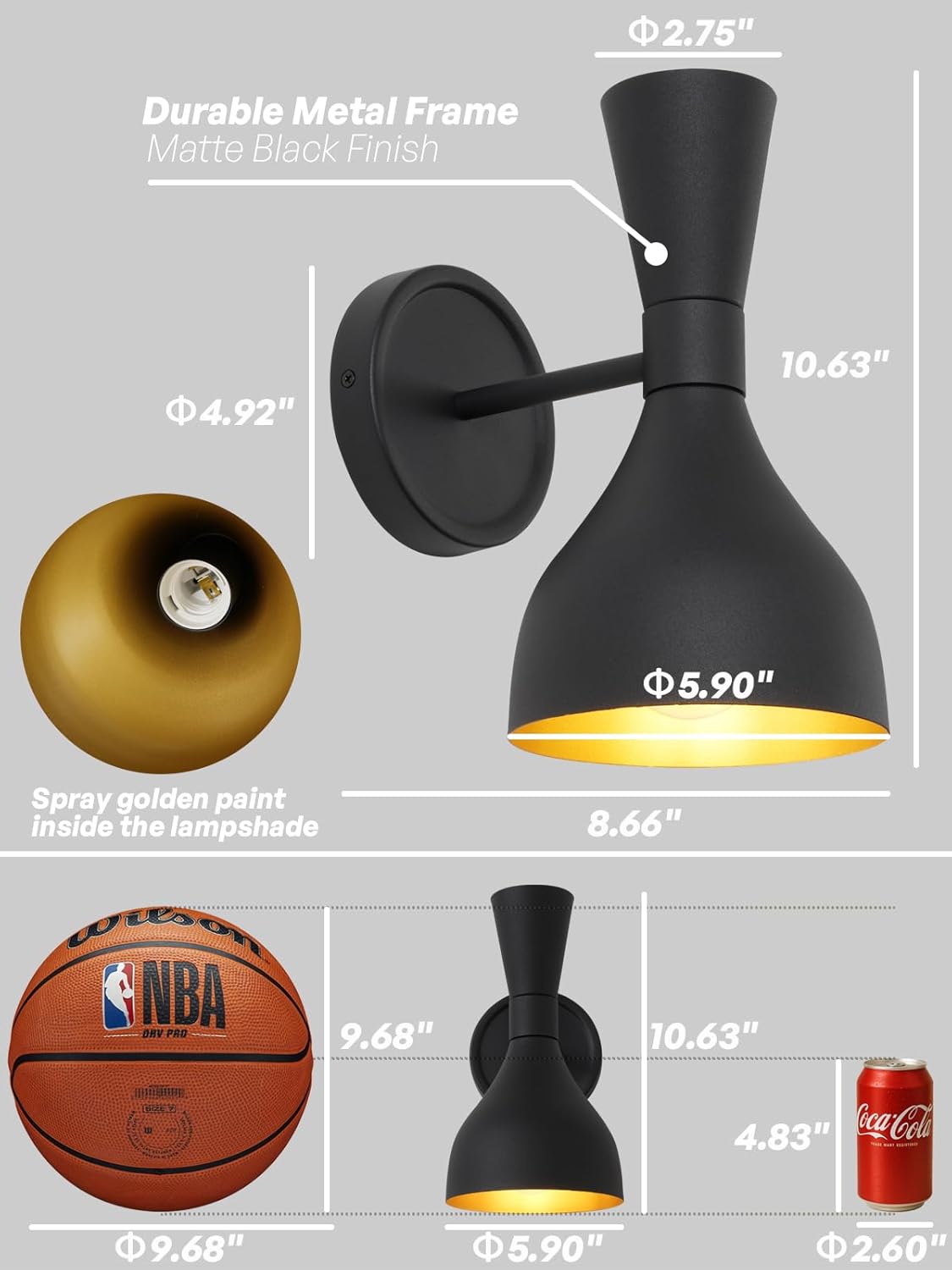 Modern Black and Gold Wall Sconce, Farmhouse Industrial Lighting Fixture for Bathroom Vanity, Kitchen, Living Room & Home Theater, Hardwired, E26 Base