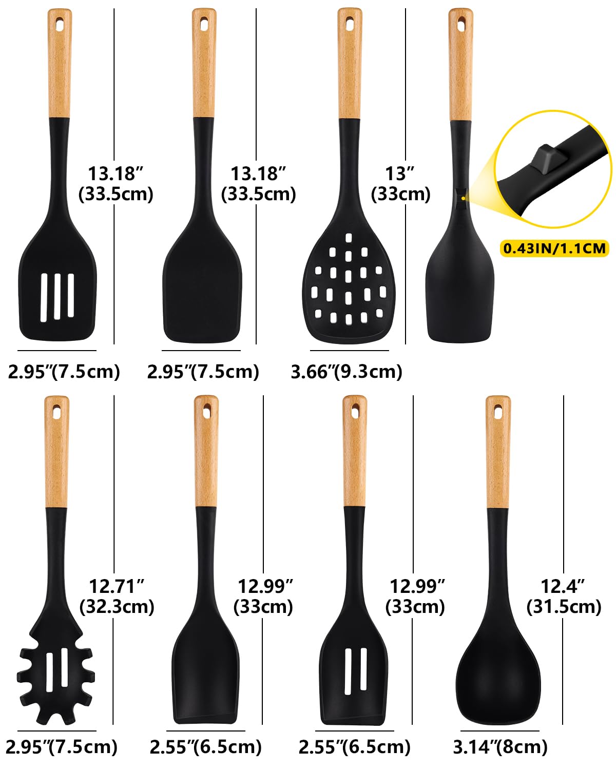 Juego de utensilios de cocina de silicona para utensilios de cocina no pegajosos, 7 piezas de utensilios de cocina resistentes al calor con mango de madera, utensilios de cocina sin BPA con espátulas