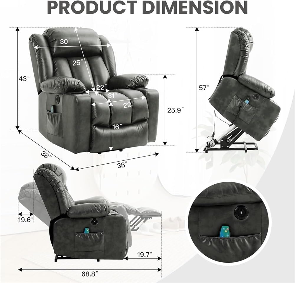Power Lift Recliner Chair for Elderly with Massage Heat Electric Remote Control Breathable Leather Reclining Sofa Adults 2 Cup Holders USB Ports Metal Frame Grey Living Room Furniture