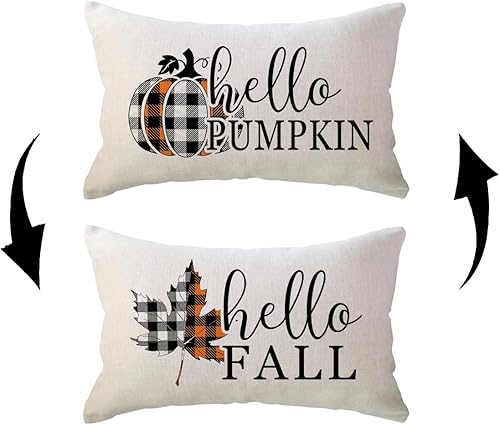 ULOVE LOVE YOURSELF Hello Fall - Fundas de almohada reversibles con estampado de calabaza de búfalo a cuadros de doble cara, funda de cojín lumbar disponible en Yaxa Mexico