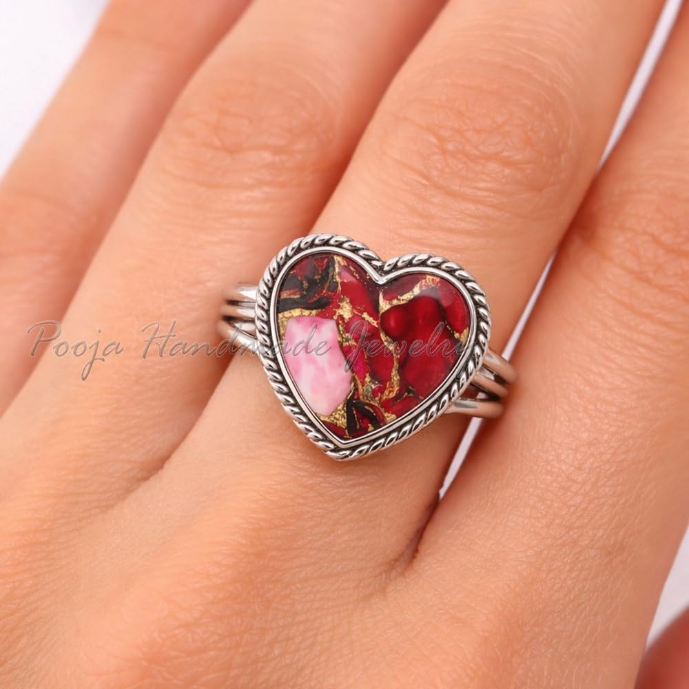 Multi Dahlia Turquoise Gemstone Heart Rings, Minimalist 925 Silver Handmade Jewelry for Women, Valentine Day Gift
