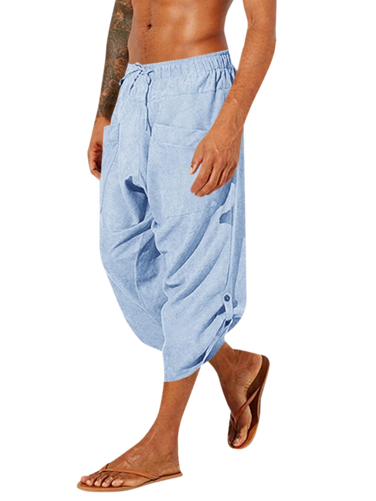 Gafeng Mens Linen Harem Capri Pants Drawstring 3/4 Shorts Casual Beach Yoga Hippie Thai Pants