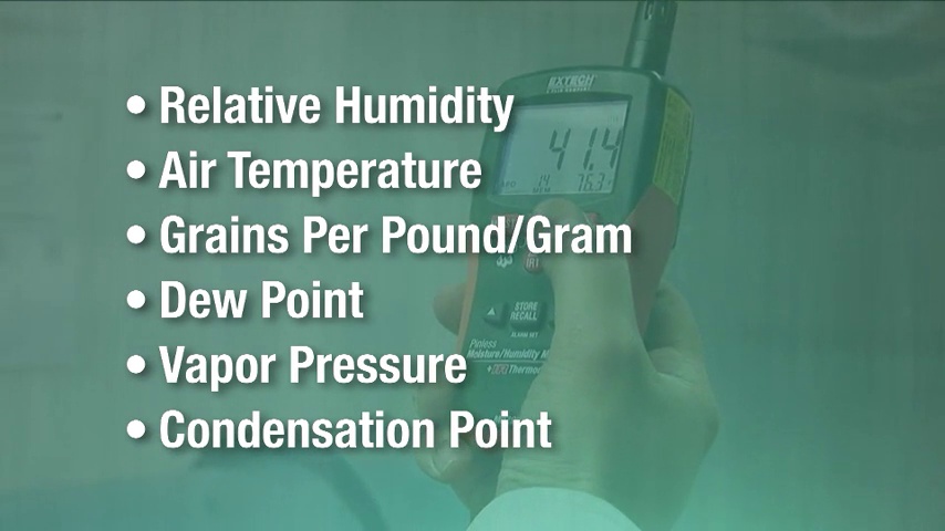 Image of Extech MO290 Pinless Moisture Psychrometer with IR Thermometer | 8-in-1: pin /pinless moisture, humidity, dew point, vapor pressure, IR 8:1 ratio, alarms, remote pin probe