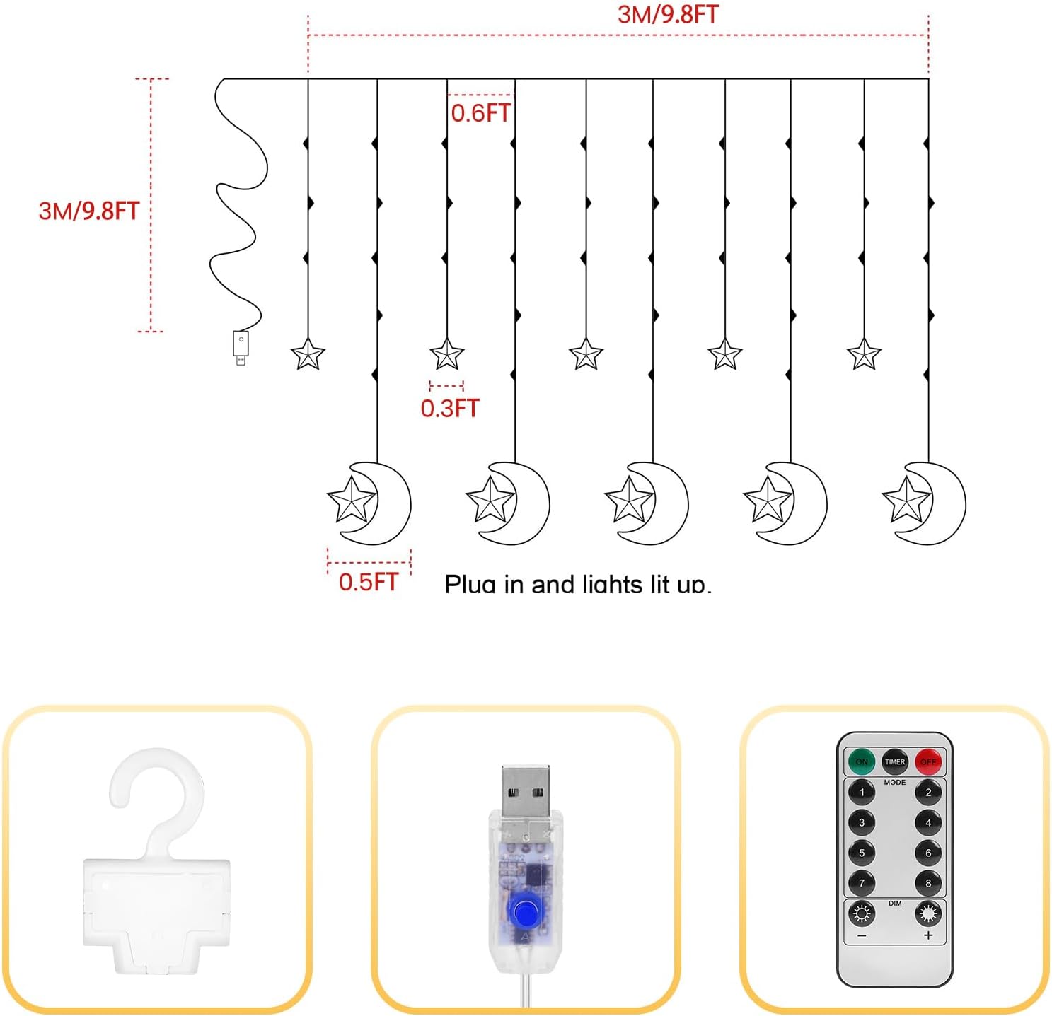 130 LED Star Moon Curtain Decorative Lights, Ramadan Window Curtain Fairy String Lights, Remote Control & USB Plug, 8 Lighting Modes, for Indoor, Home Holiday, Party, Ramadan Decorations