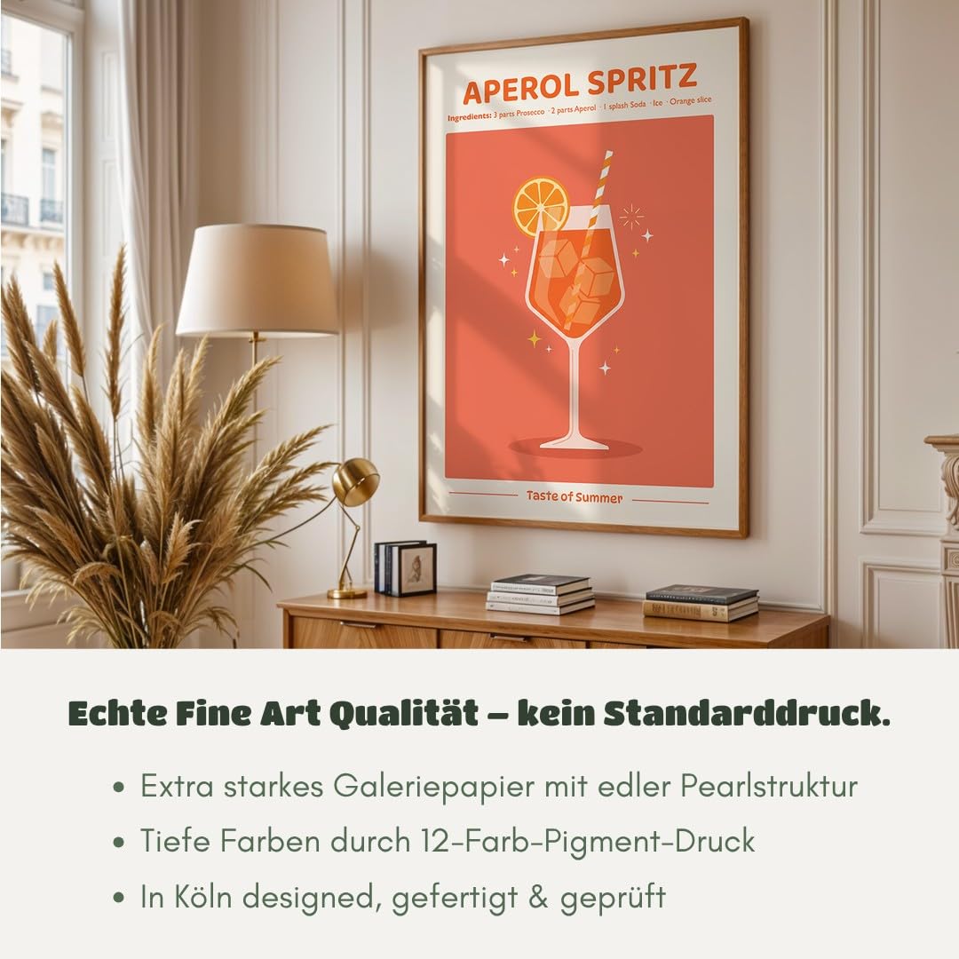 MJ-GRAPHICS® Poster Aperol Spritz Wandbild Sommer Getränk Deko minimalistisch Orange Küche Kunstdruck modern Wohnzimmer Bilder erfrischend stilvoll Farbakzent 50x70 mit schwarzem Rahmen